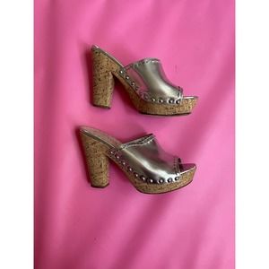 Prada Cork Mules Heels 6.5 6 36 36.5 Silver Metallic 90s Y2K